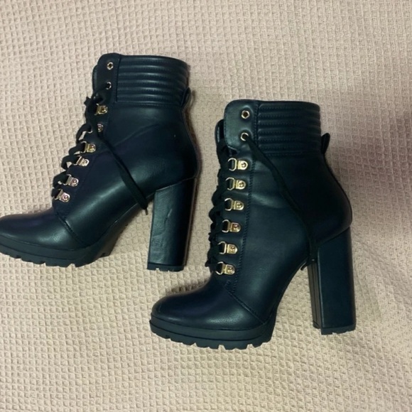 JustFab Black Lace-Up Heeled Boots with Gold Accents - Picture 2 of 8